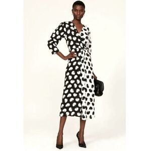 Boss Women’s Danotta Black and White Polka Dot Deep V Mock Wrap Dress Small